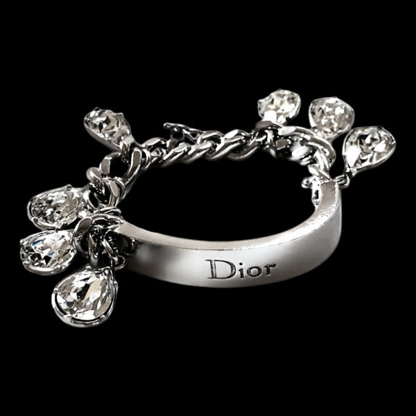 Vintage Christian Dior By John Galliano Crystal Embellished Silver Logo ID Runway Gambler Charm Bracelet