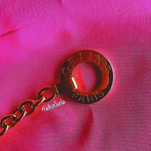 Vintage Celine Pink Skirt With Attached Hanging Gold Chain Spelled Out Logo Pendant Charm Belt