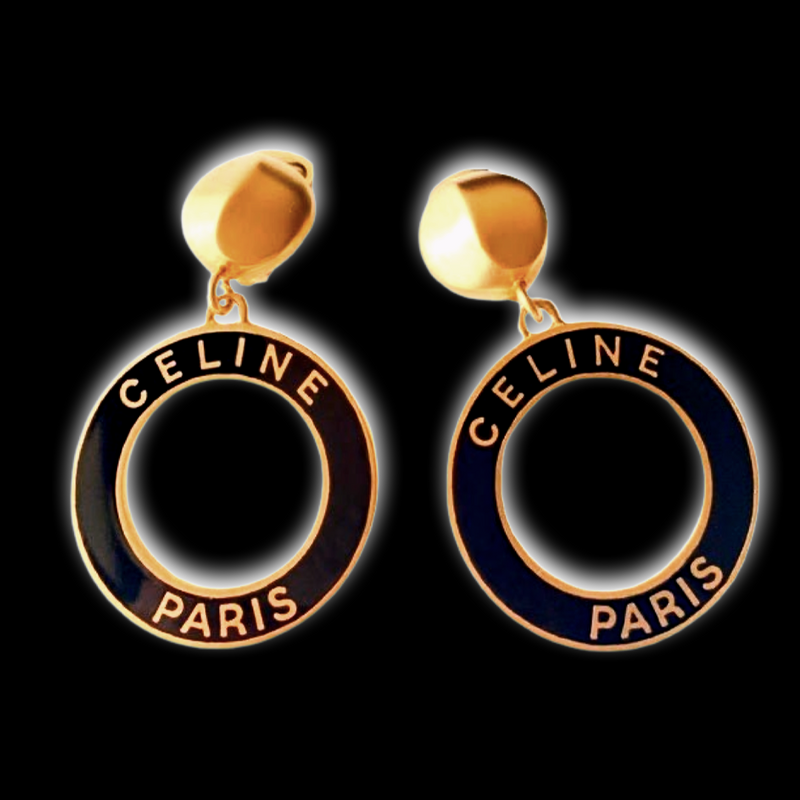 Vintage Celine Paris Gold Black Enamel Logo  Signature Drop Hoop ClipOn Earrings