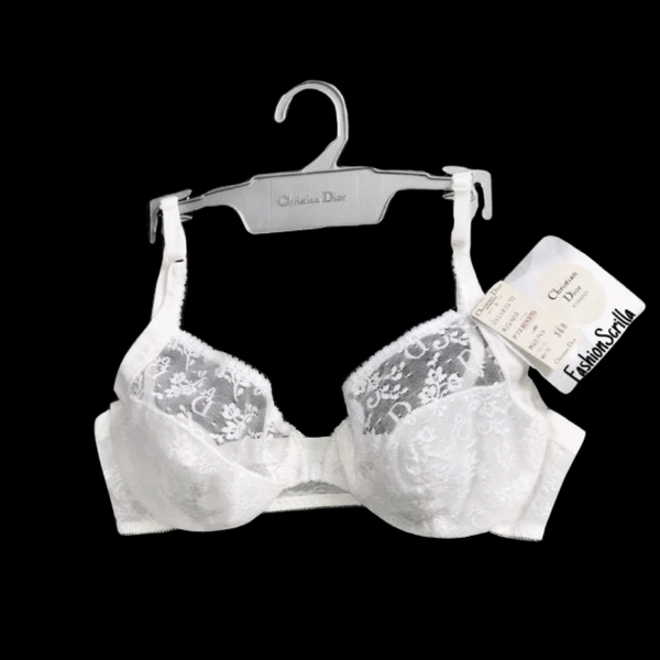 Vintage Christian Dior Vintage White Monogram Floral Logo Sheer Lace Bra Lingerie