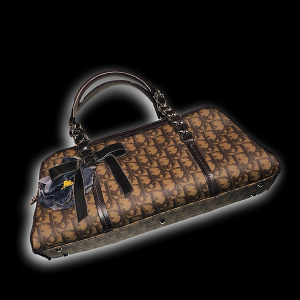 Vintage Christian Dior By John Galliano Chocolate Brown and Black Jacquard Monogram Logo Shoulder Bag With Velvet Chain Handle Strap Chiffon Silk Floral Appliqué