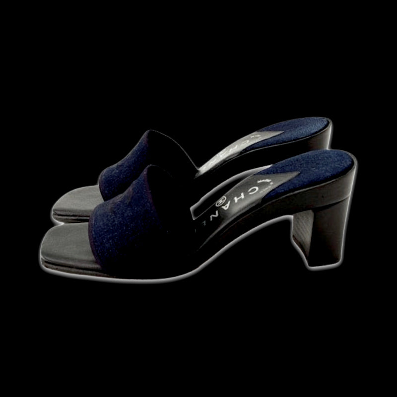 Vintage Chanel CC Monogram Logo Mule Denim With Black Leather Chunky Platform Stacked Block Heel Mule Sandals