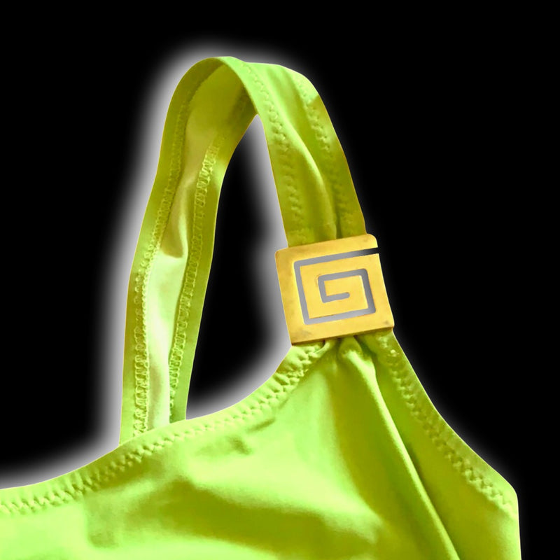 Vintage Versace Lime Green With Gold Greek Key Logo One Shoulder Mini Dress