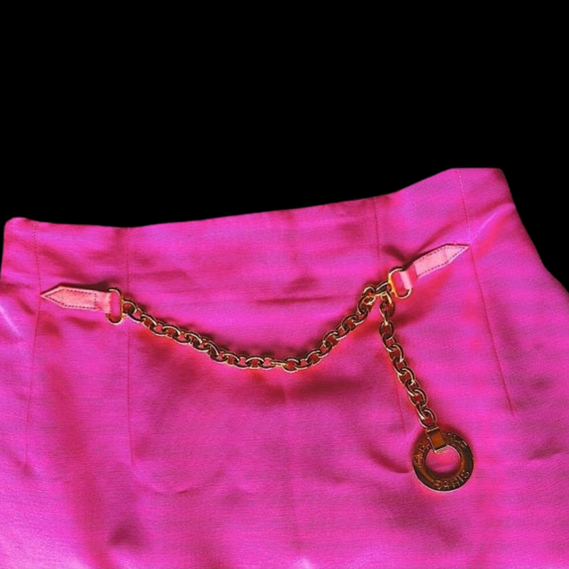 Vintage Celine Pink Skirt With Attached Hanging Gold Chain Spelled Out Logo Pendant Charm Belt