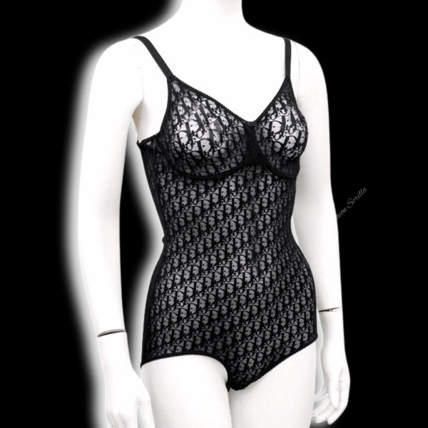 Dior Vintage Jacquard Monogram Trotter Sheer Logo Bodysuit Shapewear Lingerie