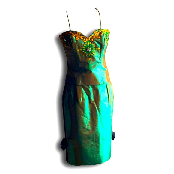 Vintage Marisa Baratelli Pure Silk Iridescent Green And Gold Embellished Embroidery Corset Bustier Skinny Removable Strap Convertible Top with Coordinating Skirt