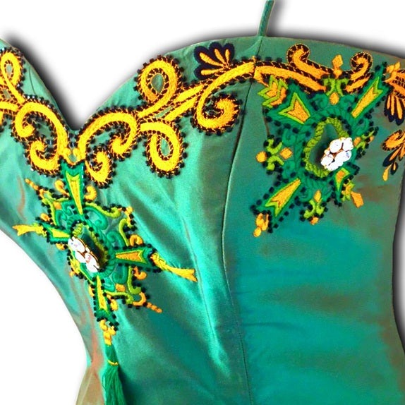 Vintage Marisa Baratelli Pure Silk Iridescent Green And Gold Embellished Embroidery Corset Bustier Skinny Removable Strap Convertible Top with Coordinating Skirt