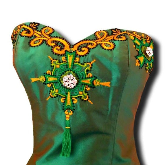 Vintage Marisa Baratelli Pure Silk Iridescent Green And Gold Embellished Embroidery Corset Bustier Skinny Removable Strap Convertible Top with Coordinating Skirt