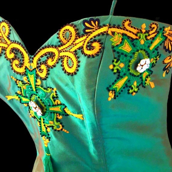 Vintage Marisa Baratelli Pure Silk Iridescent Green And Gold Embellished Embroidery Corset Bustier Skinny Removable Strap Convertible Top with Coordinating Skirt