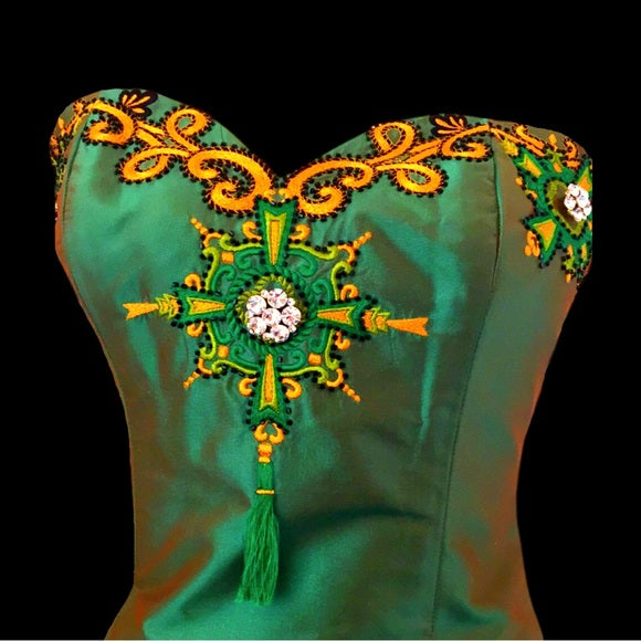 Vintage Marisa Baratelli Pure Silk Iridescent Green And Gold Embellished Embroidery Corset Bustier Skinny Removable Strap Convertible Top with Coordinating Skirt