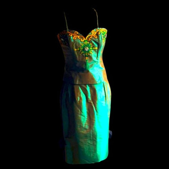 Vintage Marisa Baratelli Pure Silk Iridescent Green And Gold Embellished Embroidery Corset Bustier Skinny Removable Strap Convertible Top with Coordinating Skirt