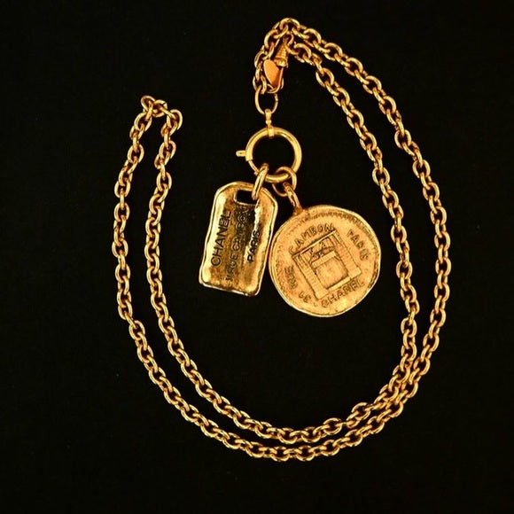 Vintage Chanel 31 Rue Cambon 24kt Gold Plated Runway XL Size Double Pendant Chain Necklace