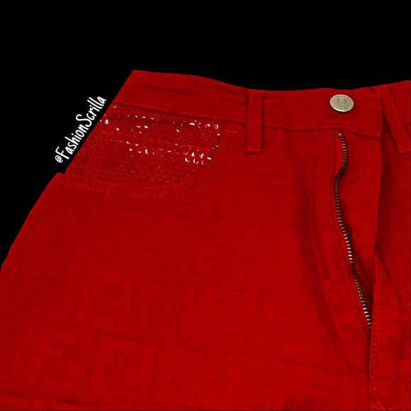 Vintage Fendi Zucca Monogram Logo High Waist Red Denim Mini Shorts