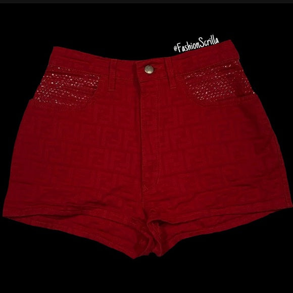 Vintage Fendi Zucca Monogram Logo High Waist Red Denim Mini Shorts