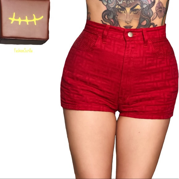 Vintage Fendi Zucca Monogram Logo High Waist Red Denim Mini Shorts