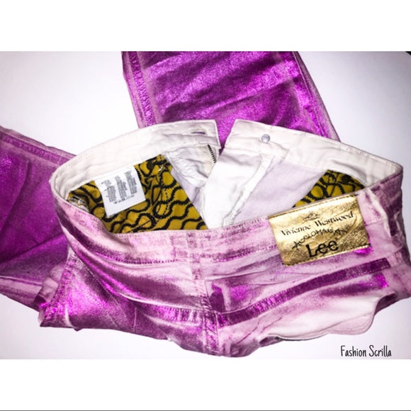 Vintage Vivienne Westwood Archival Runway Metallic Purple And Pink Iridescent Anglomania Lee Denim Trouser Pant Jeans