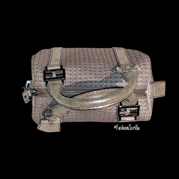 FENDI Vintage Zucca 'FF' Logo Metallic Silver & Beige Zuchinno Monogram Mini Bauletto Bag