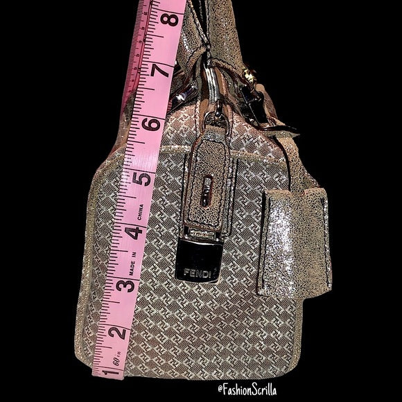 FENDI Vintage Zucca 'FF' Logo Metallic Silver & Beige Zuchinno Monogram Mini Bauletto Bag