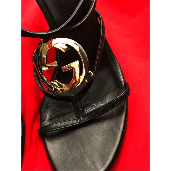 Vintage Gucci By Tom Ford GG Monogram Supreme Logo Black And Gold Strappy Leather Sandal High Heels