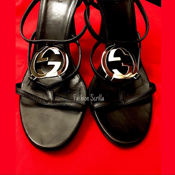 Vintage Gucci By Tom Ford GG Monogram Supreme Logo Black And Gold Strappy Leather Sandal High Heels