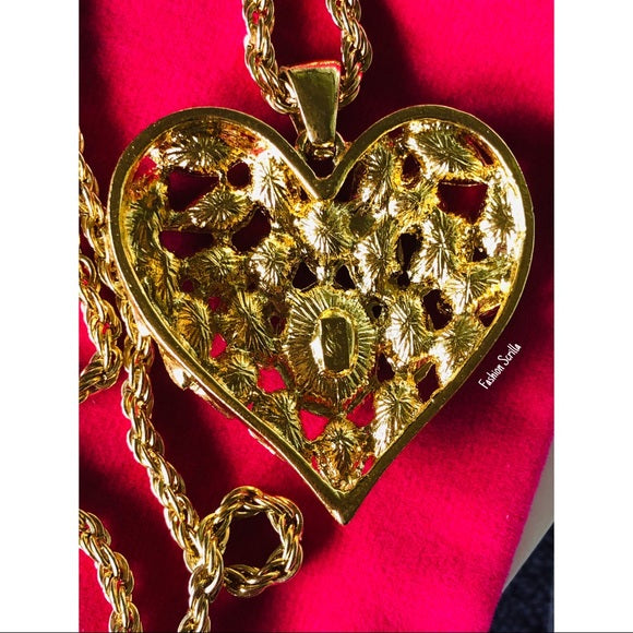 Vintage Yves Saint Laurent Archival Runway XL Heart Diamanté Swarovski Crystal Gold Pendant And Chain Necklace