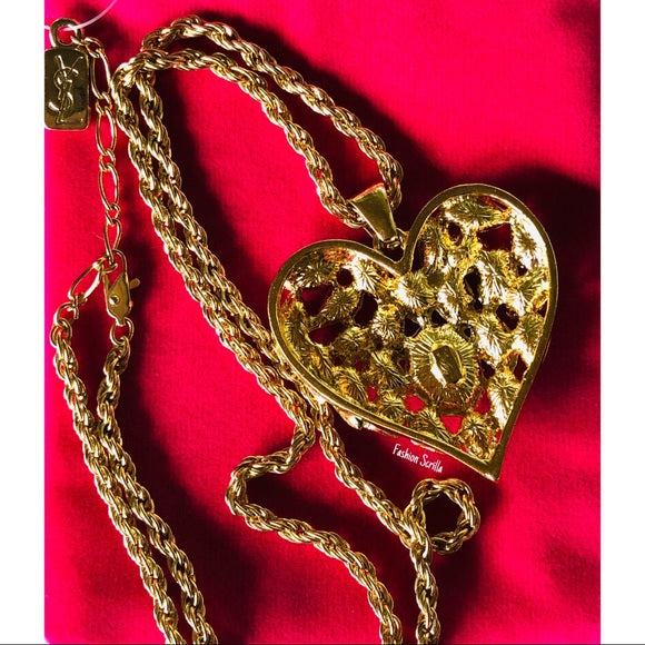 Vintage Yves Saint Laurent Archival Runway XL Heart Diamanté Swarovski Crystal Gold Pendant And Chain Necklace