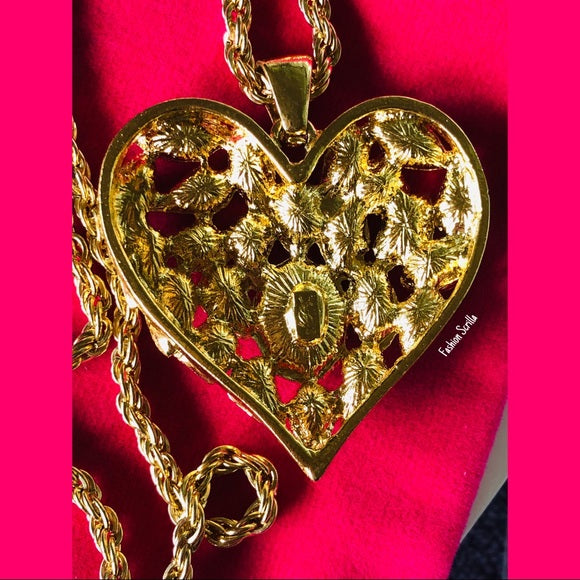 Vintage Yves Saint Laurent Archival Runway XL Heart Diamanté Swarovski Crystal Gold Pendant And Chain Necklace