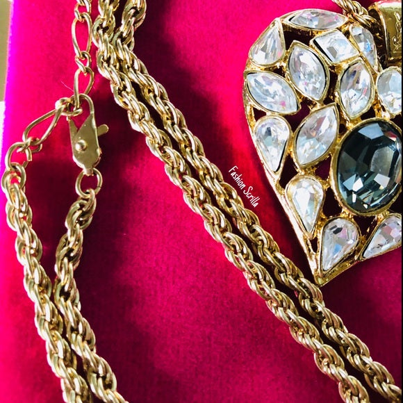 Vintage Yves Saint Laurent Archival Runway XL Heart Diamanté Swarovski Crystal Gold Pendant And Chain Necklace