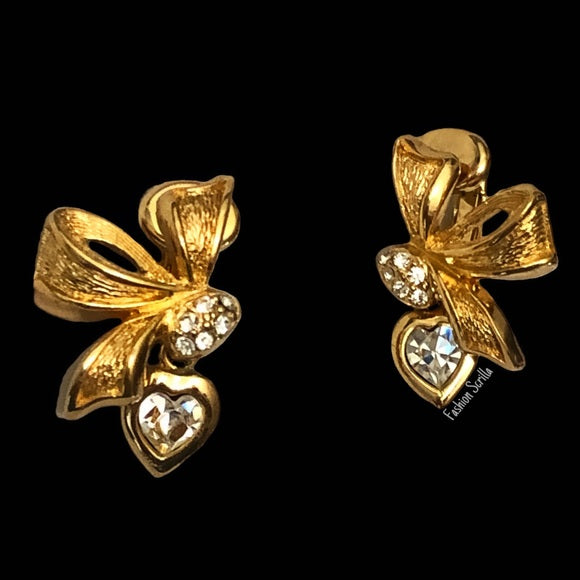 Dior Gold Crystal Bow & Heart Vintage Earrings