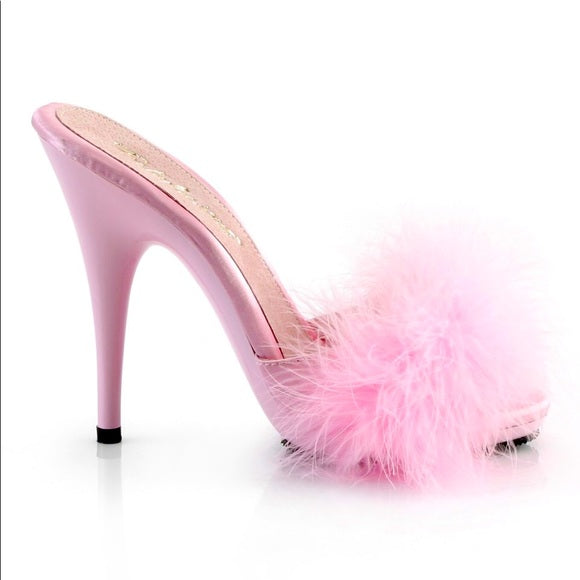 Marabou Fur Satin Slide Sandal Baby Pink