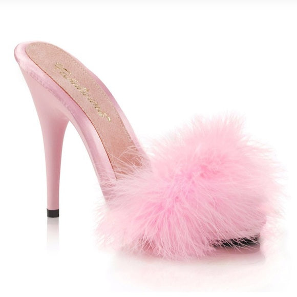 Marabou Fur Satin Slide Sandal Baby Pink