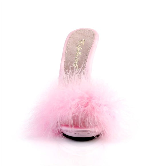 Marabou Fur Satin Slide Sandal Baby Pink