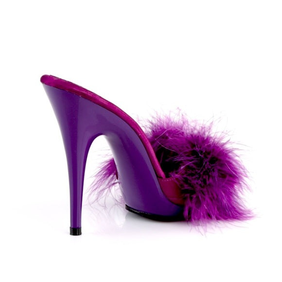 Marabou Fur Purple Satin Slide Sandal Heels