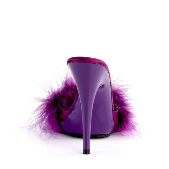 Marabou Fur Purple Satin Slide Sandal Heels