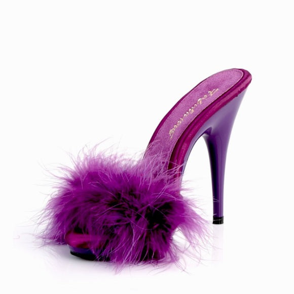 Marabou Fur Purple Satin Slide Sandal Heels