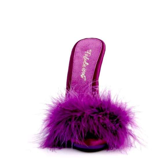 Marabou Fur Purple Satin Slide Sandal Heels