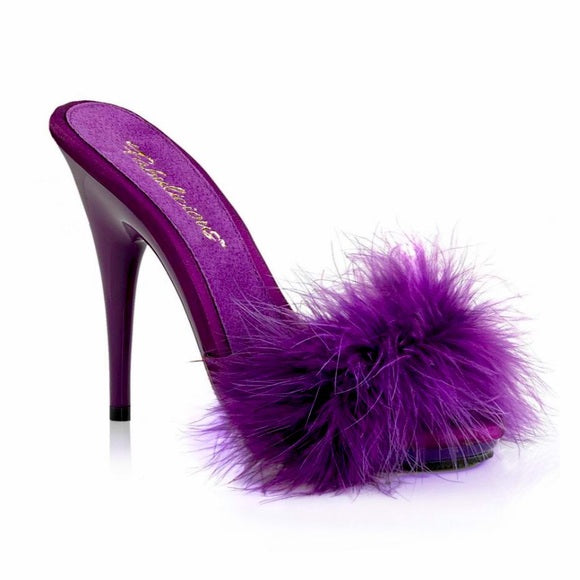 Marabou Fur Purple Satin Slide Sandal Heels