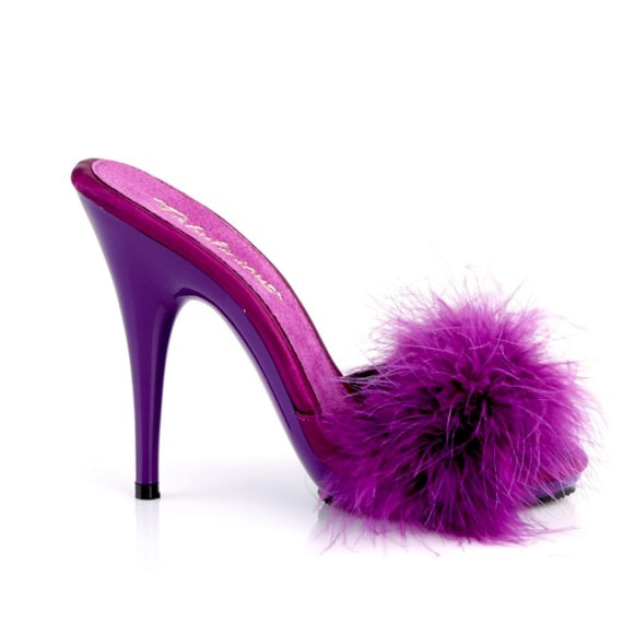 Marabou Fur Purple Satin Slide Sandal Heels