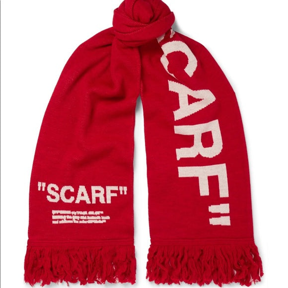 Off-White Red Fringed Scarf Intarsia-knit Wool Scarf