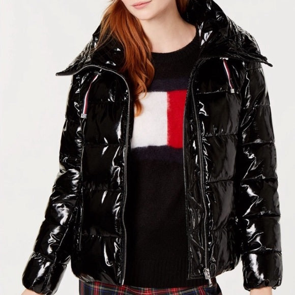 Tommy Hilfiger down filled faux patent leather Puffer coat