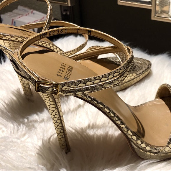 Stuart Weitzman Gold Python Leather Sandal Heels