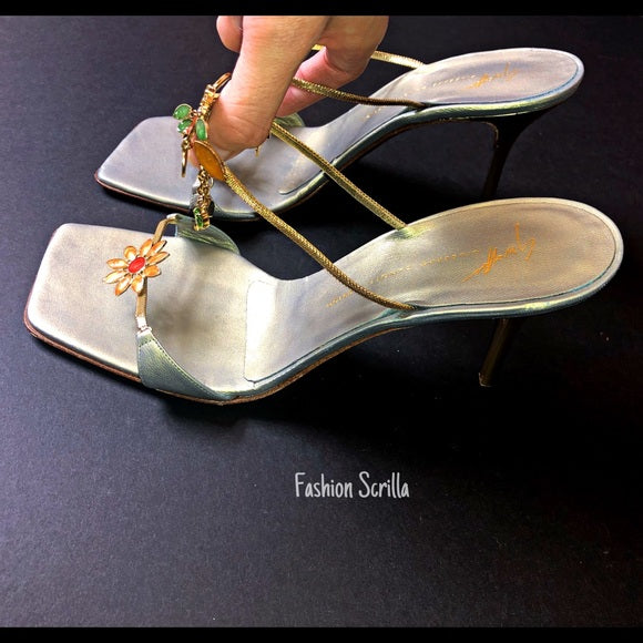 Vintage Giuseppe Zanotti Iridescent flower Chain Strap Square Toe Sandal Heels