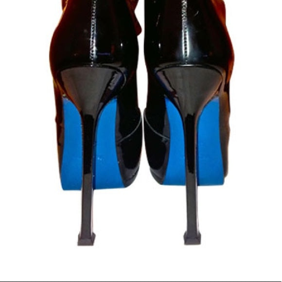 Vintage Yves Saint Laurent Tribute Trib Too Black And Teal 80 Mid Patent Leather Platform Boot