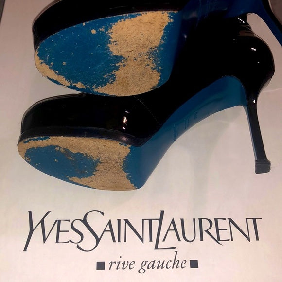 Vintage Yves Saint Laurent Tribute Trib Too Black And Teal 80 Mid Patent Leather Platform Boot