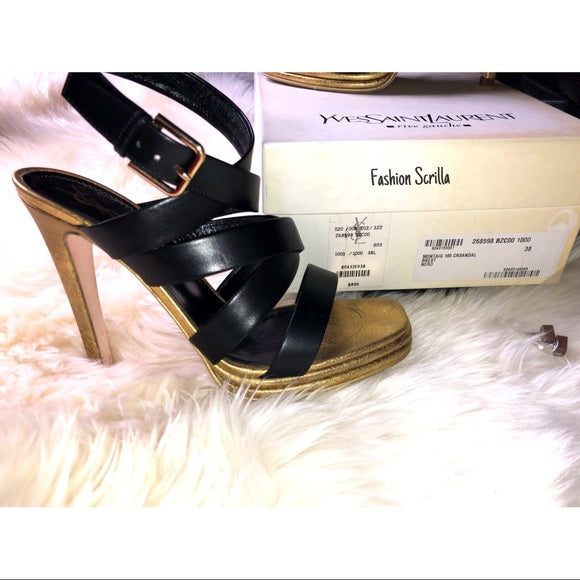 Vintage Yves Saint Laurent Montaig Nero Black And Gold Leather 105 Strappy Sandal Platform Heels