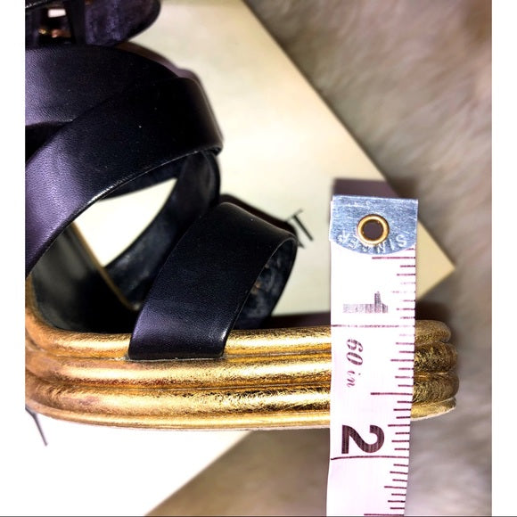 Vintage Yves Saint Laurent Montaig Nero Black And Gold Leather 105 Strappy Sandal Platform Heels