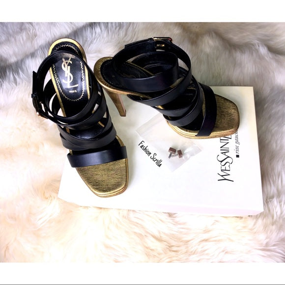 Vintage Yves Saint Laurent Montaig Nero Black And Gold Leather 105 Strappy Sandal Platform Heels