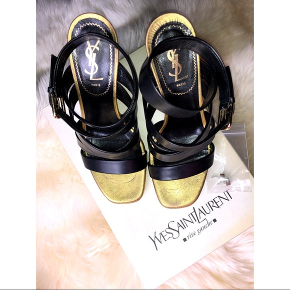 Vintage Yves Saint Laurent Montaig Nero Black And Gold Leather 105 Strappy Sandal Platform Heels