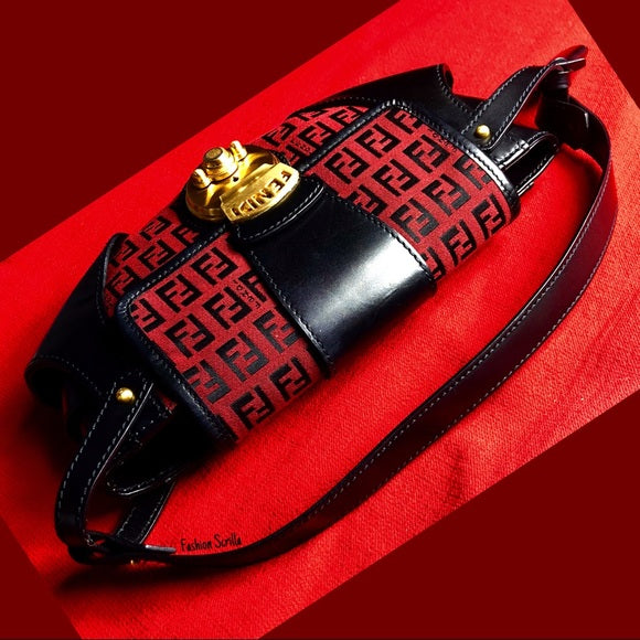 Vintage Fendi Zucca FF Monogram Logo Red Black And Gold Mini Handbag