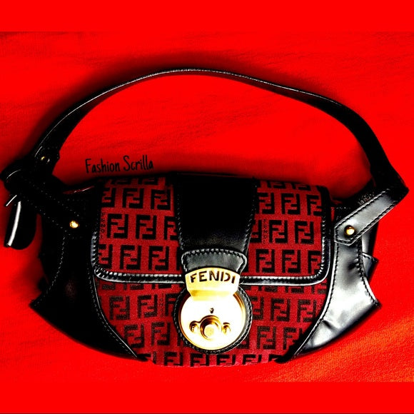 Vintage Fendi Zucca FF Monogram Logo Red Black And Gold Mini Handbag